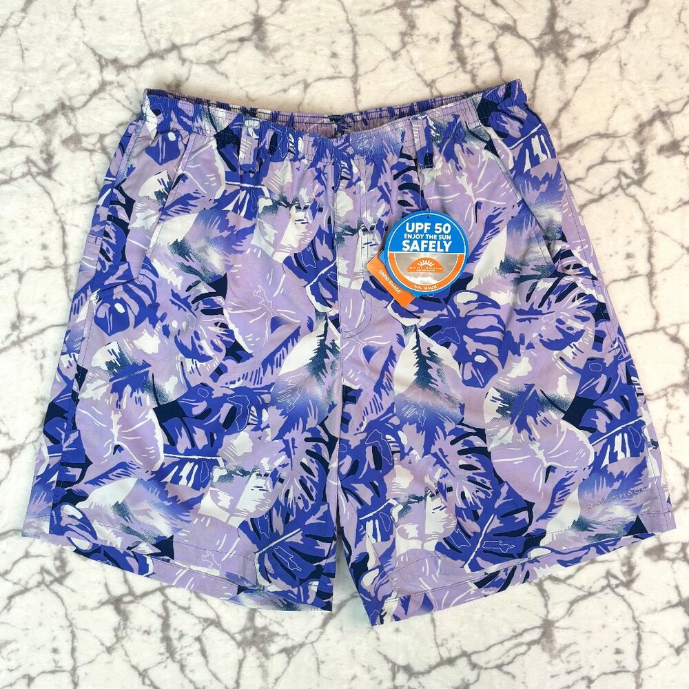 NWT COLUMBIA Water Shorts Super Backcast Men's M Purple Floral Omnishade Swim